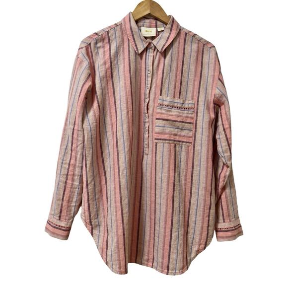 Anthropologie Maeve Womens Stripe Lida Linen Blend Popover Top Size L Pink Boho - Picture 1 of 9